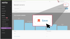 Educator account in Xello. The Saved careers report is open, filters have been applied and the cursor is clicking Save.